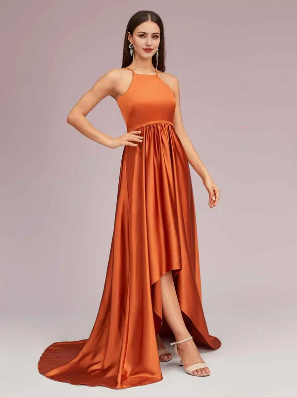 Robe Weitese unique en satin, col haut et bas, robe de soirée à bretelles spaghetti, sans manches, pour femme